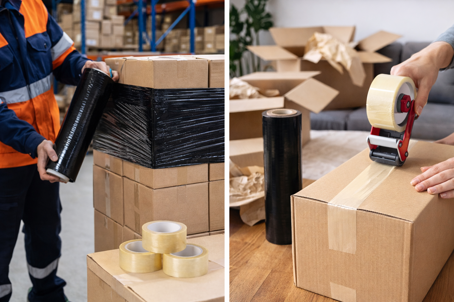 Kit Mudanza - 3 Cintas de embalaje 5cm x 100m + Film Stretch negro